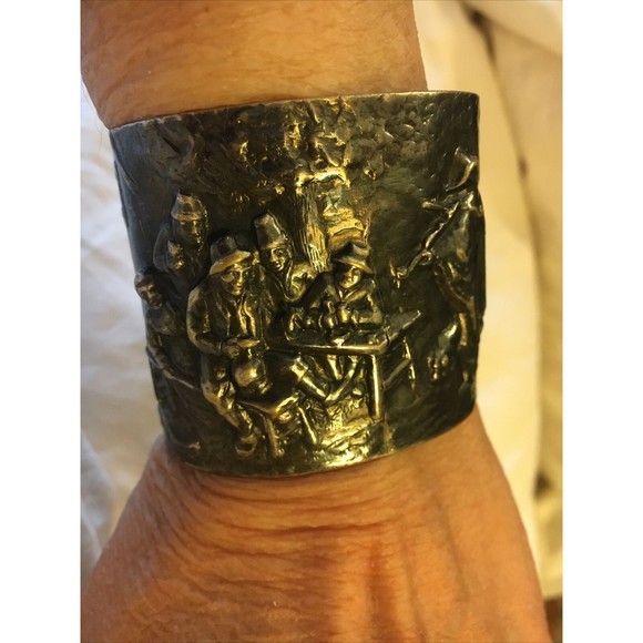 Vintage Hans Jensen Denmark Repousse Hammered Scene Silver Plated Cuff Bracelet - Picture 1 of 10